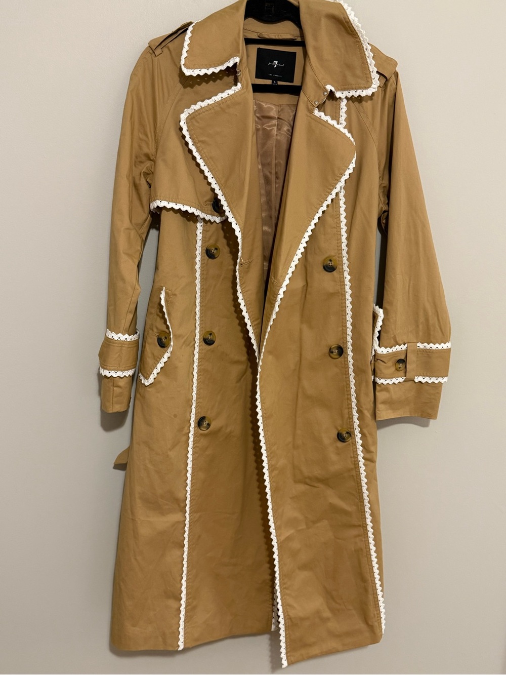 Camel Trench Coat White Ric Rac Trim Belted Double Breasted Statement Jacket - Picture 3 of 9
